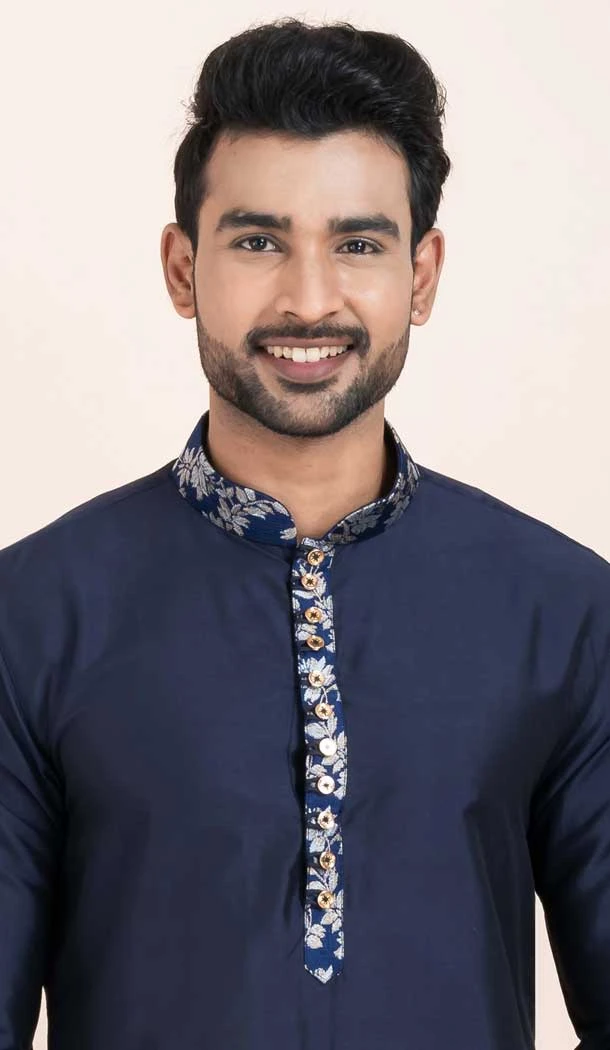 Navy Blue Viscose Thread Work Party Wear Mens Kurta Pajama - 11954204152