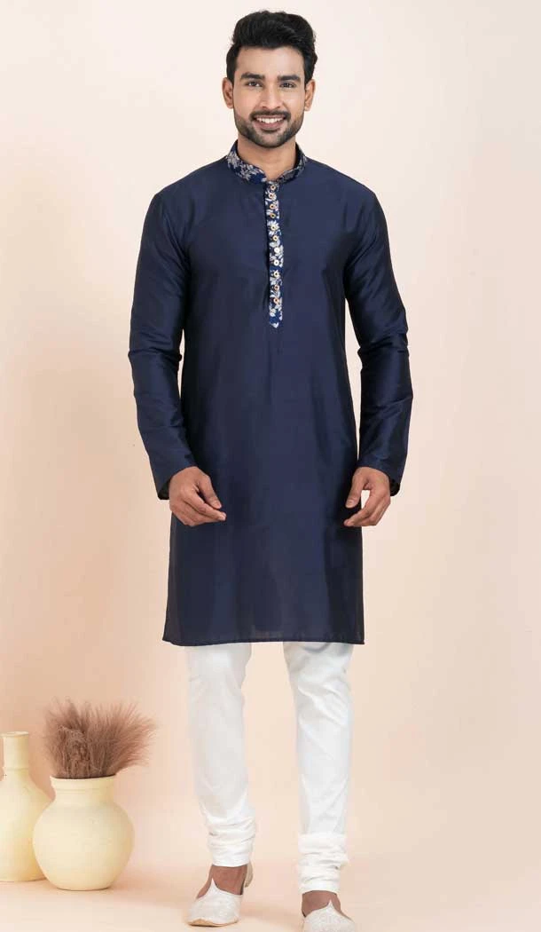Navy Blue Viscose Thread Work Party Wear Mens Kurta Pajama - 11954204152