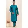 Teal Blue Silk Weaving Work Party Wear Plus Size Mens Kurta Pajama - 11954204163