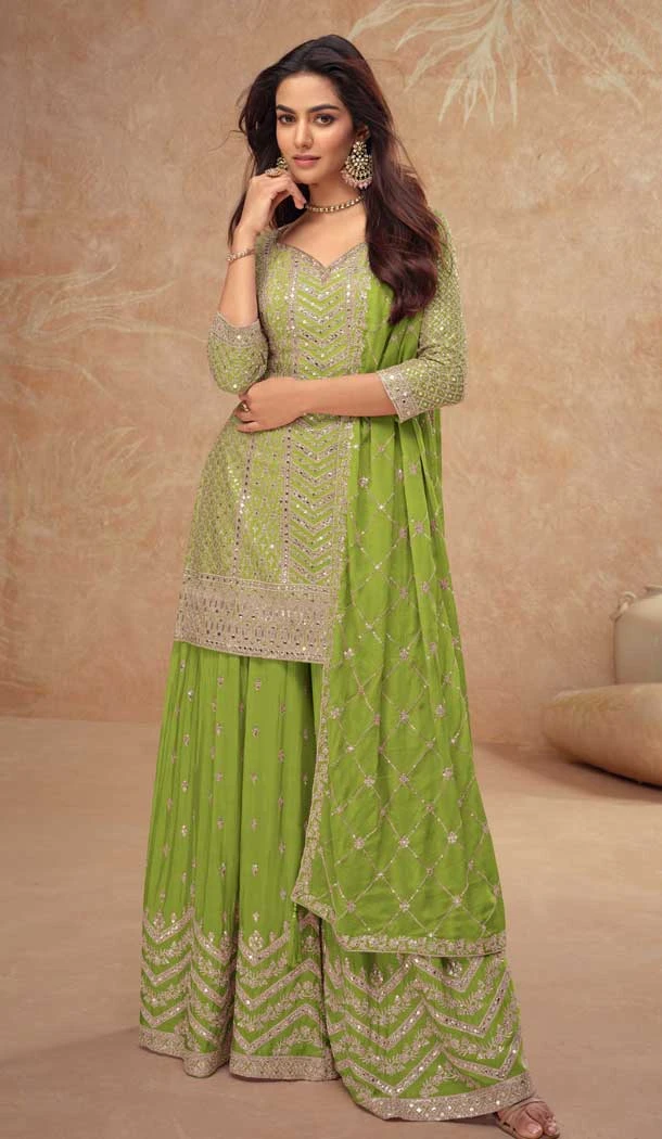 Chinon Sequins Work Party Wear Palazzo Salwar Suit In Mehendi Green - 11962204221