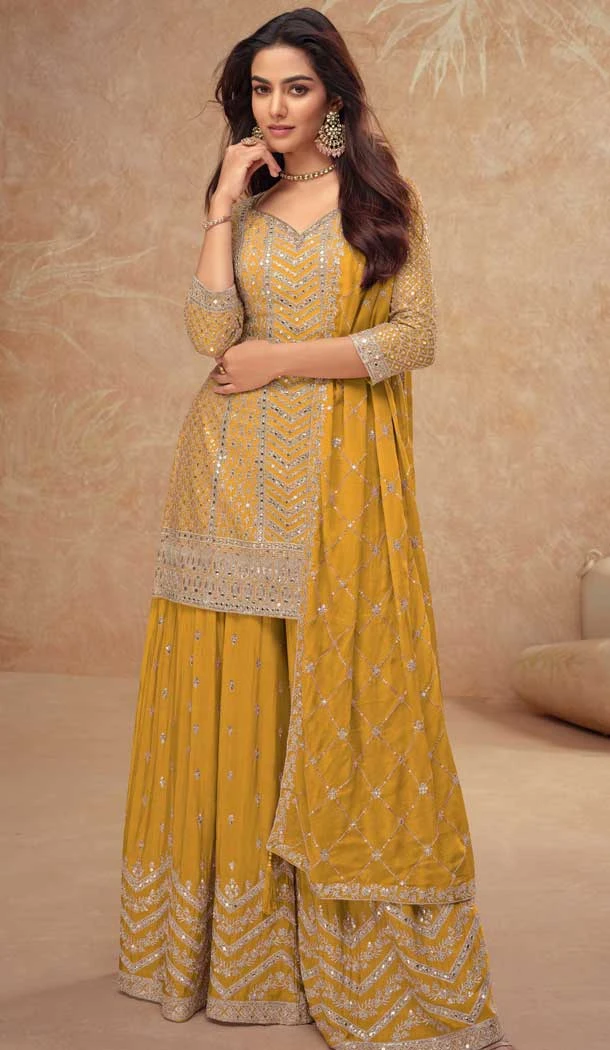 Chinon Sequins Work Party Wear Palazzo Salwar Suit In Yellow - 11962204223