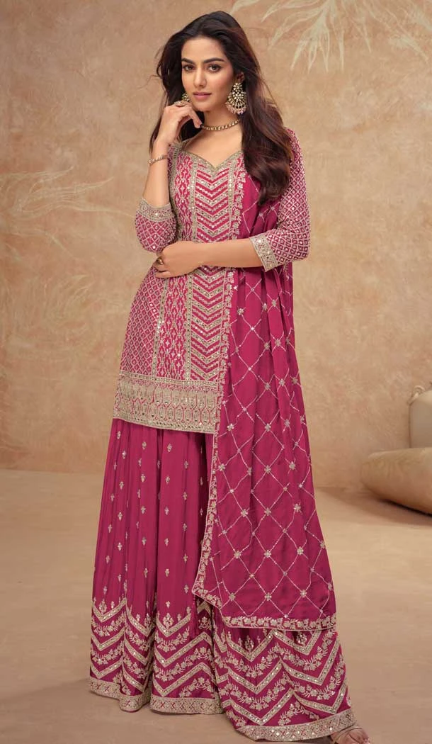 Chinon Sequins Work Party Wear Palazzo Salwar Suit In Rani Pink - 11962204224