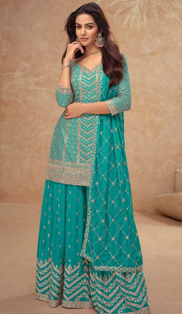Chinon Sequins Work Party Wear Palazzo Salwar Suit In Firozi - 11962204225