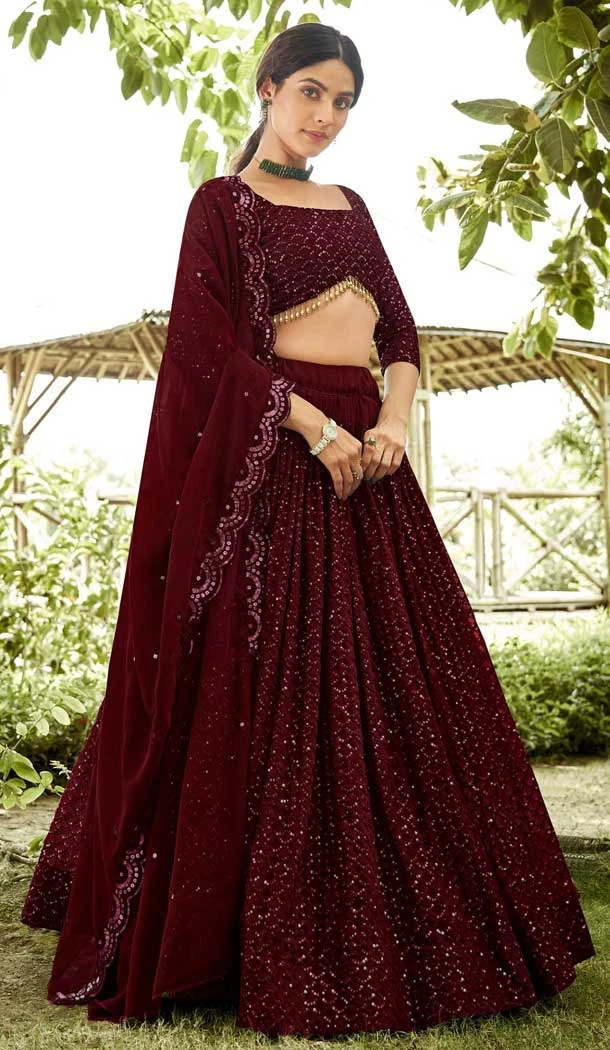 Maroon Georgette Sequence Work Party Wear Lehenga Choli - 11971204293