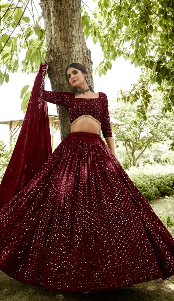 Maroon Georgette Sequence Work Party Wear Lehenga Choli - 11971204293