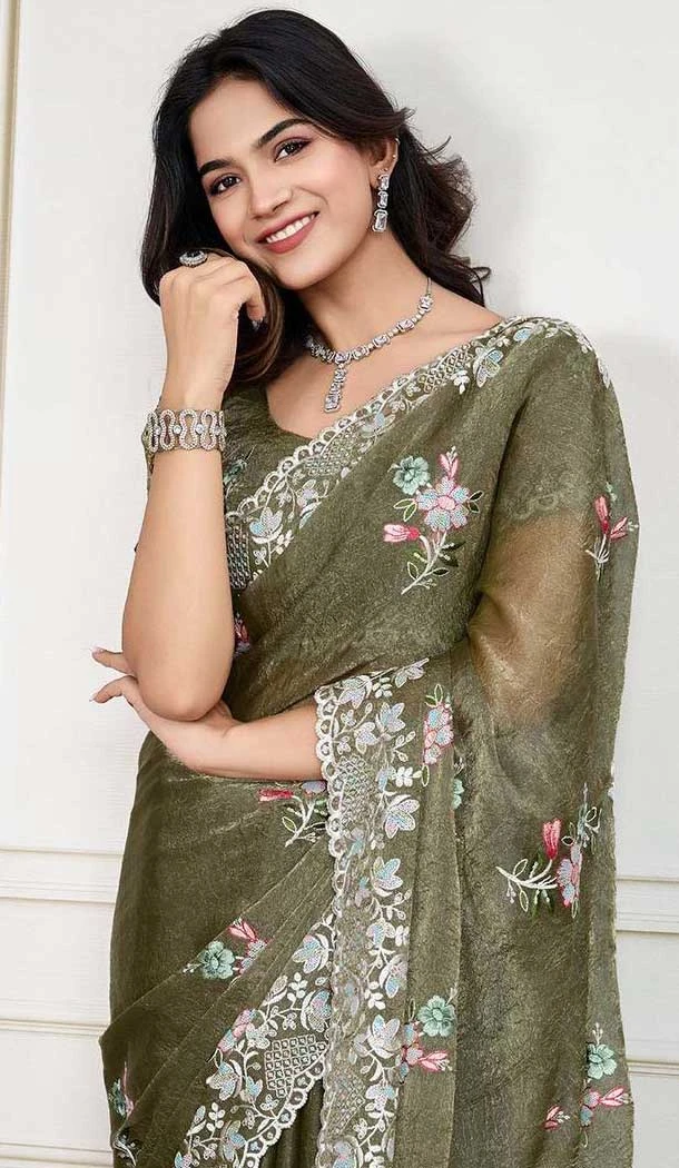 Olive Green Crunchy Silk Embroidered Party Wear Saree - 11981204341
