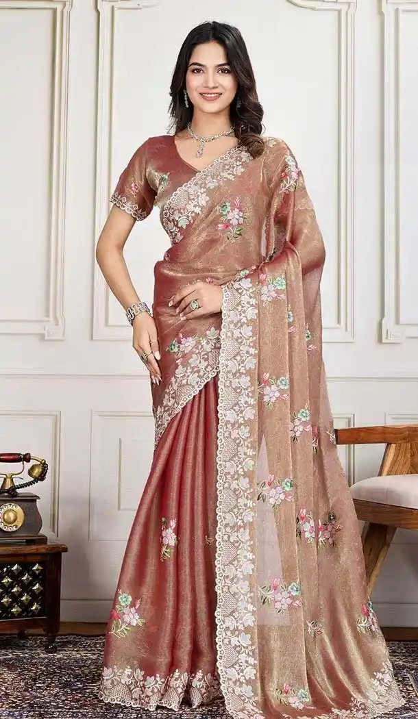 Peach Crunchy Silk Embroidered Party Wear Saree - 11981204342