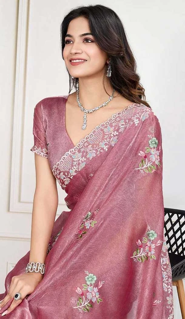 Pink Crunchy Silk Embroidered Party Wear Saree - 11981204343
