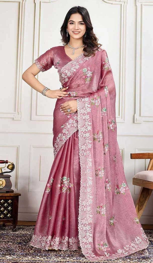 Pink Crunchy Silk Embroidered Party Wear Saree - 11981204343