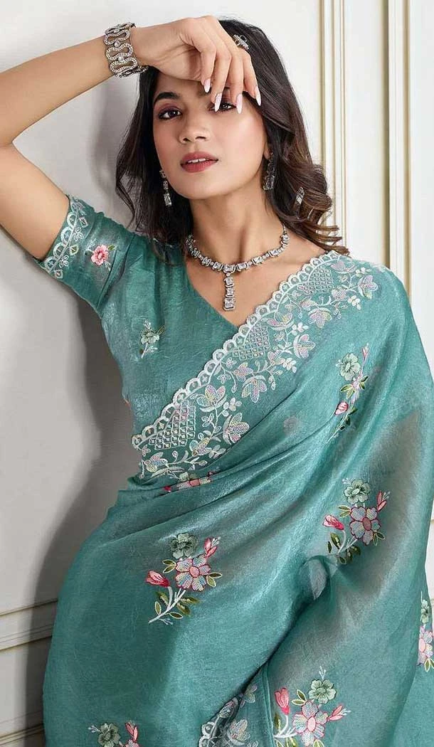 Sky Blue Crunchy Silk Embroidered Party Wear Saree - 11981204344