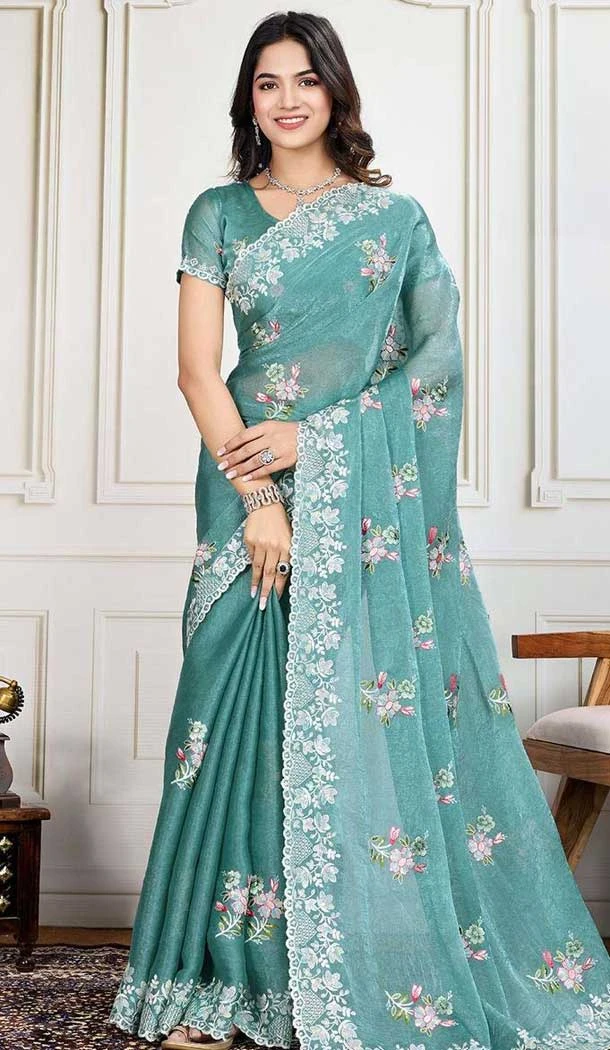 Sky Blue Crunchy Silk Embroidered Party Wear Saree - 11981204344