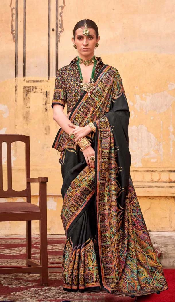 Black Silk Resham Work Party Wear Saree - 11990204457