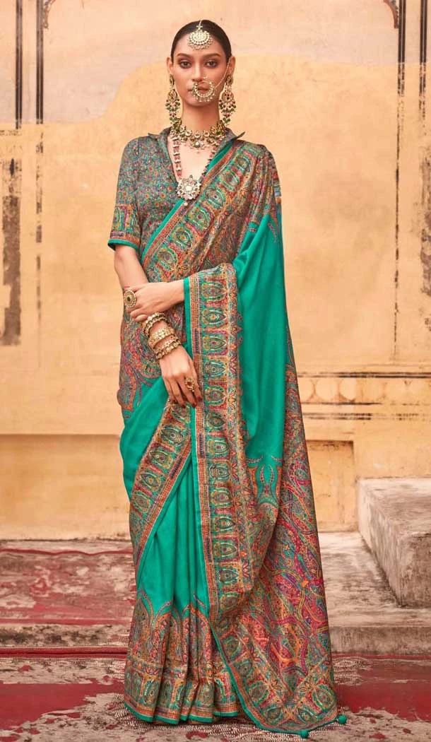 Rama Blue Silk Resham Work Party Wear Saree - 11990204458
