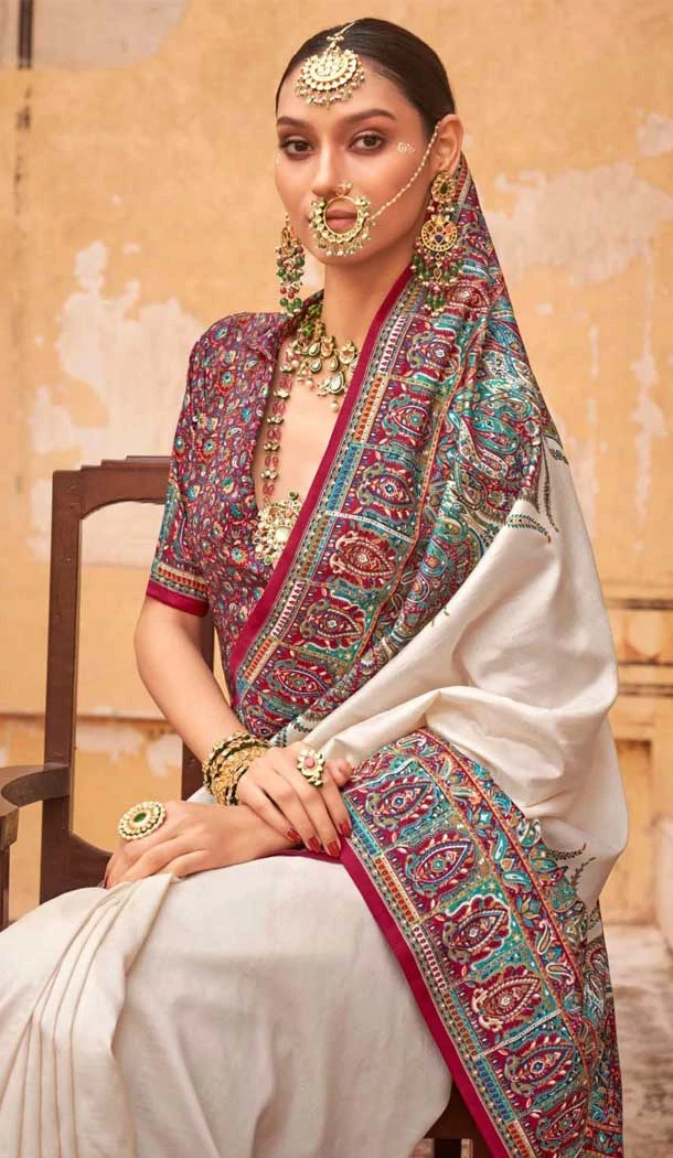 Off White Silk Resham Work Party Wear Saree - 11990204459