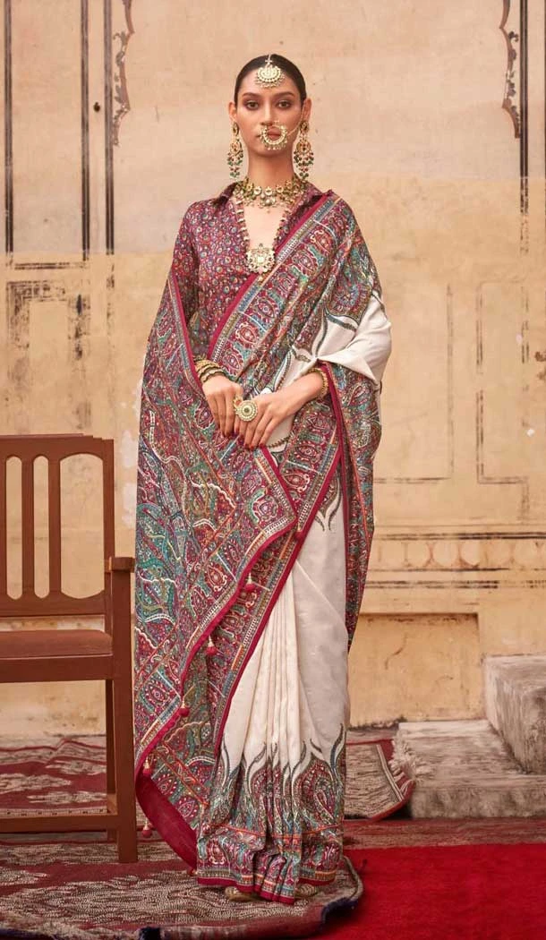 Off White Silk Resham Work Party Wear Saree - 11990204459