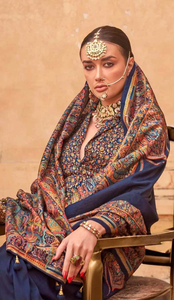 Navy Blue Silk Resham Work Party Wear Saree - 11990204460