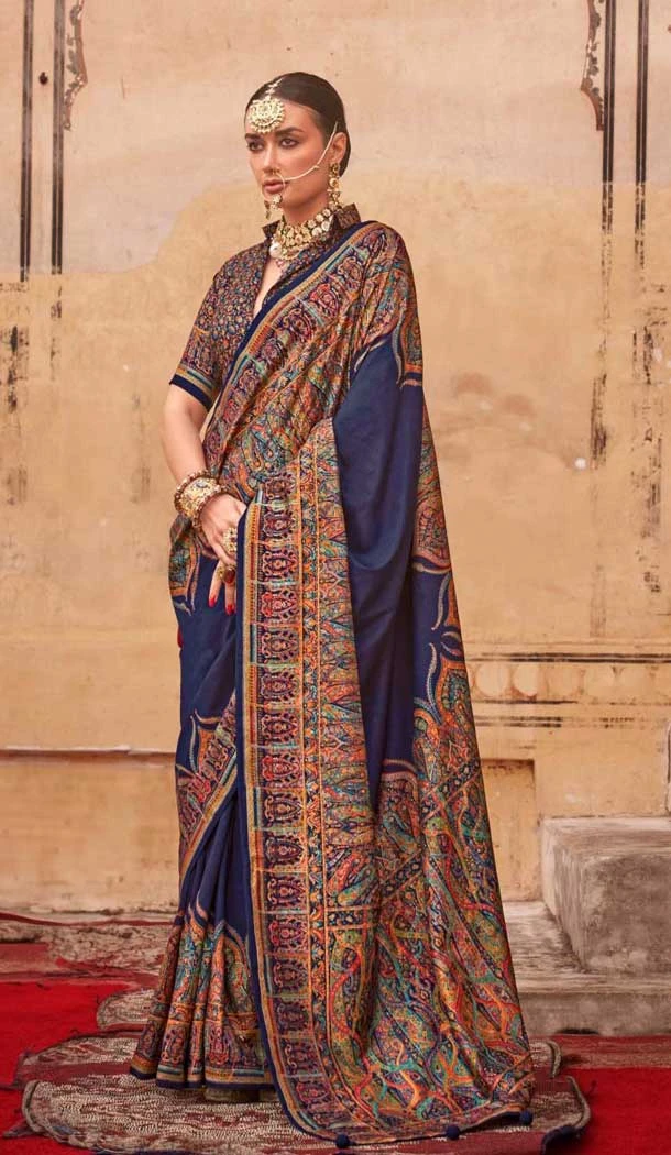Navy Blue Silk Resham Work Party Wear Saree - 11990204460