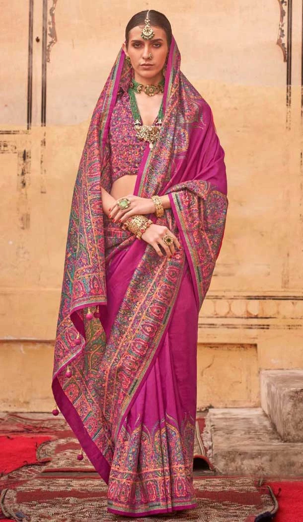 Magenta Silk Resham Work Party Wear Saree - 11990204461