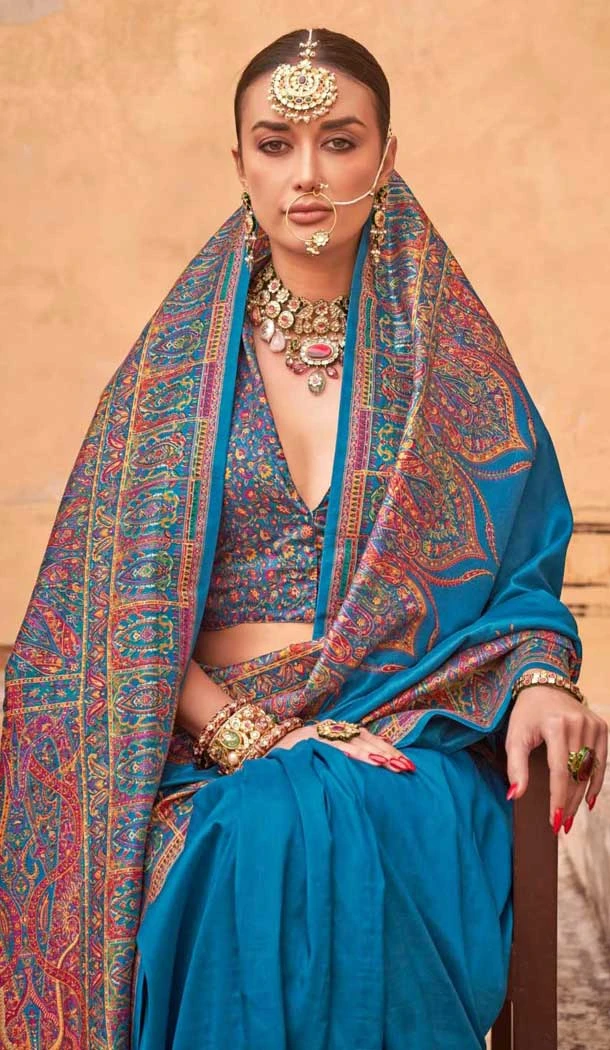 Firozi Blue Silk Resham Work Party Wear Saree - 11990204462