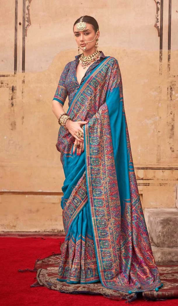 Firozi Blue Silk Resham Work Party Wear Saree - 11990204462