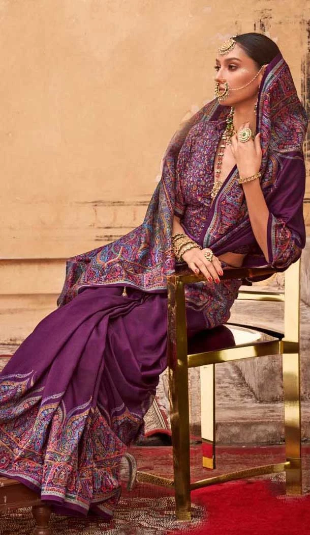 Wine Silk Resham Work Party Wear Saree - 11990204463
