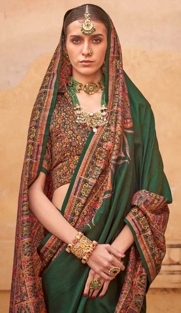 Green Silk Resham Work Party Wear Saree - 11990204464