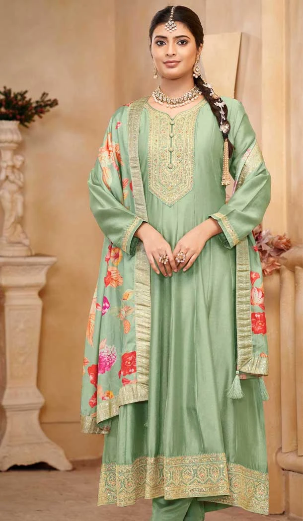 Vchitra Silk Sequins Work Party Wear Salwar Suit In Pista Green - 11999204523