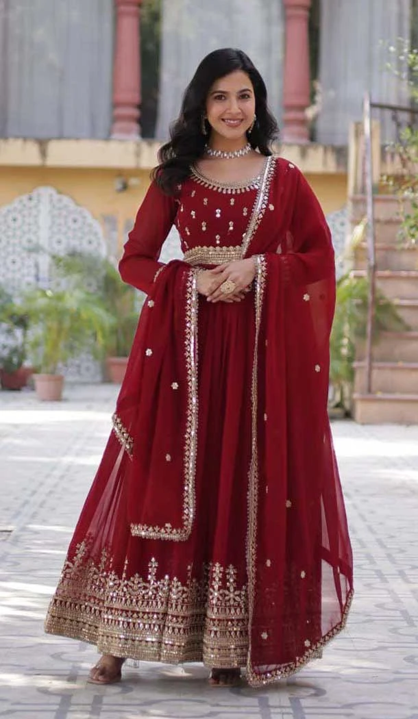 Faux Blooming Sequins Work Gown With Dupatta In Maroon - 12001204531