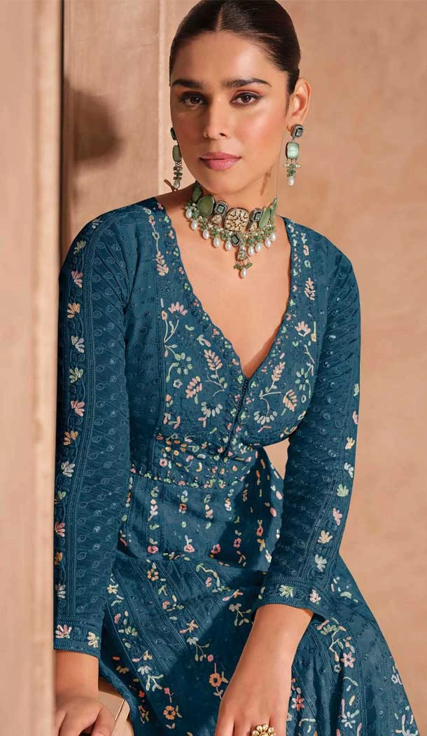 Chinon Sequence Work Designer Anarkali Suit In Teal Blue - 12000204528