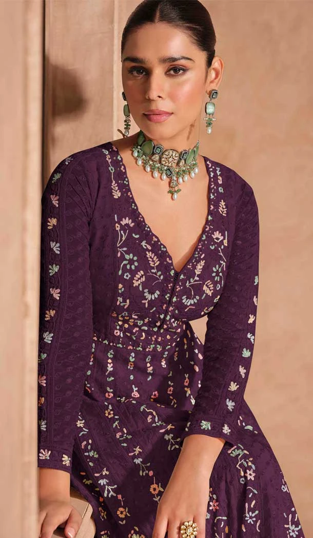 Chinon Sequence Work Designer Anarkali Suit In Wine - 12000204529
