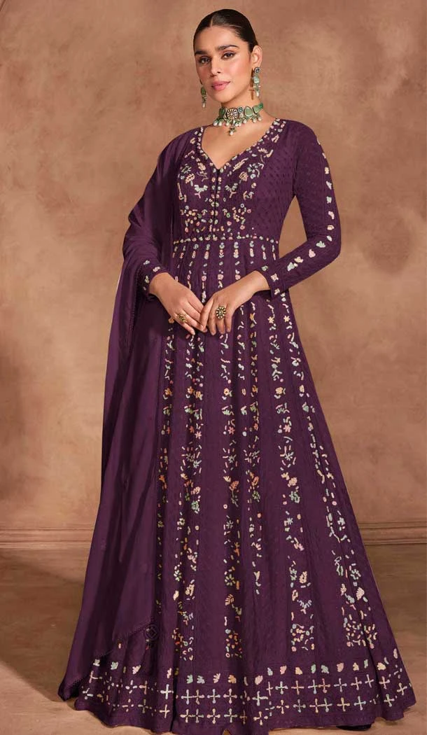 Chinon Sequence Work Designer Anarkali Suit In Wine - 12000204529
