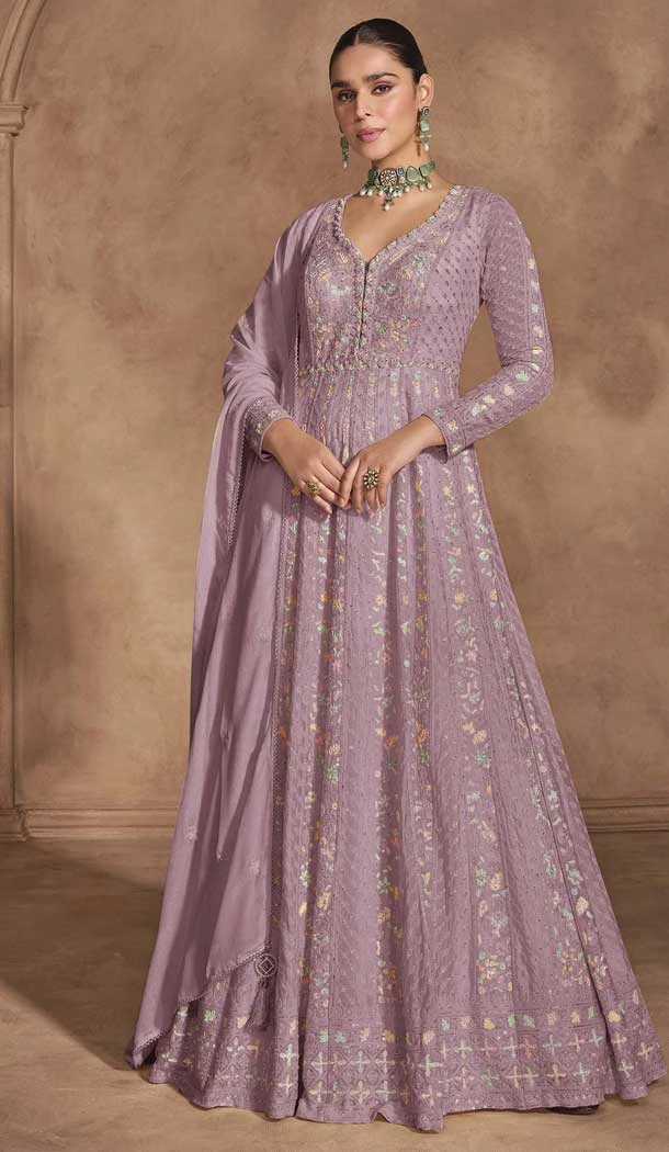 Chinon Sequence Work Designer Anarkali Suit In Lavender - 12000204530