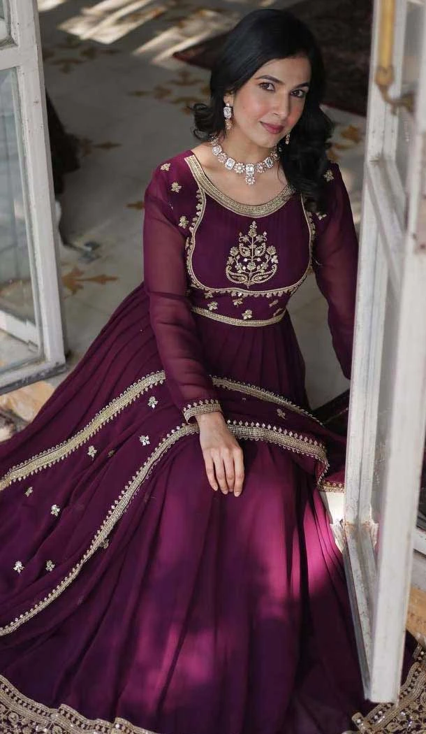 Star Georgette Sequins Work Gown With Dupatta In Wine - 12003204536