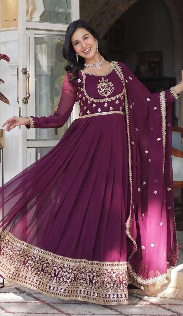 Star Georgette Sequins Work Gown With Dupatta In Wine - 12003204536