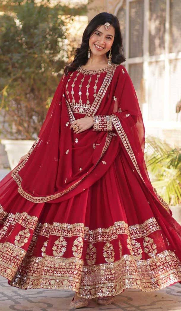 Maroon Faux Blooming Embroidered Gown With Dupatta - 12004204537