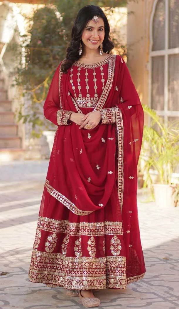Maroon Faux Blooming Embroidered Gown With Dupatta - 12004204537