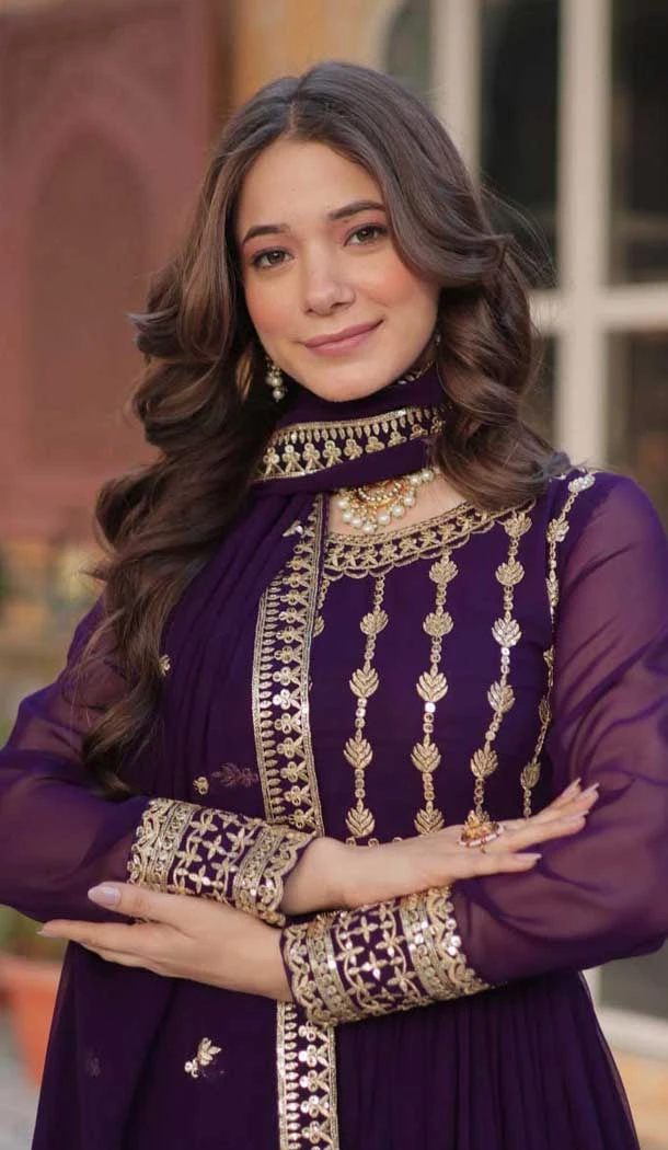 Purple Faux Blooming Embroidered Gown With Dupatta - 12004204538
