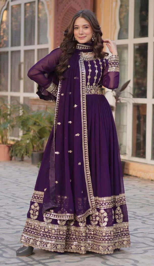 Purple Faux Blooming Embroidered Gown With Dupatta - 12004204538