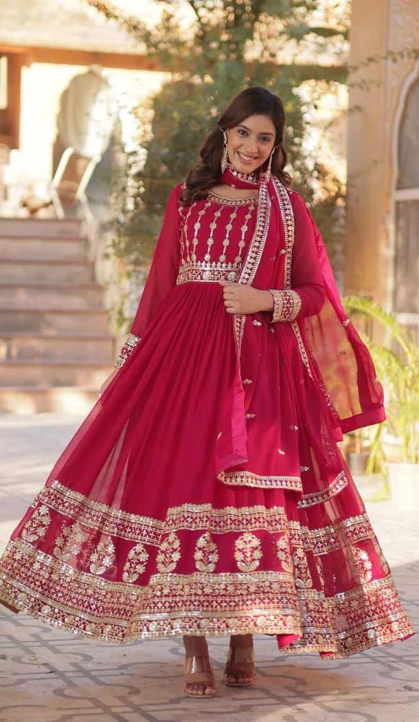 Rani Pink Faux Blooming Embroidered Gown With Dupatta - 12004204539