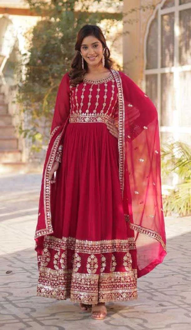 Rani Pink Faux Blooming Embroidered Gown With Dupatta - 12004204539