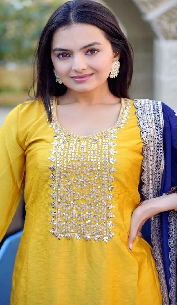 Yellow Chinon Embroidery Sequence Work Party Wear Salwar Suit - 12005204540