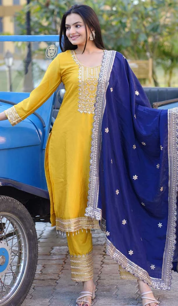 Yellow Chinon Embroidery Sequence Work Party Wear Salwar Suit - 12005204540