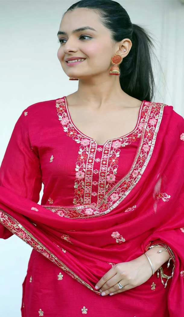Rani Pink Blooming Vichitra Embroidery Sequence Work Party Wear Salwar Suit - 12005204541