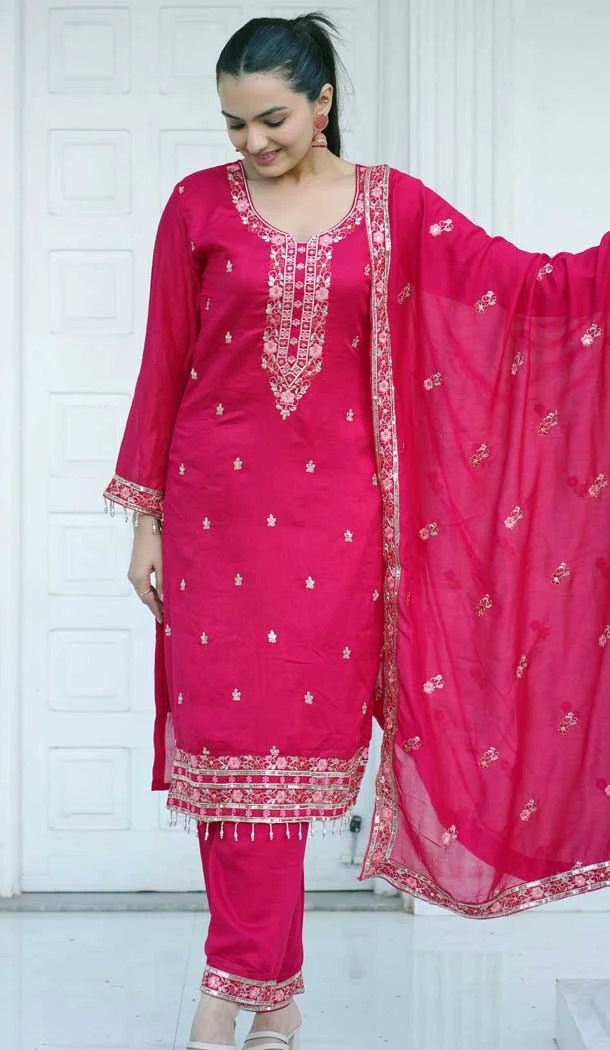 Rani Pink Blooming Vichitra Embroidery Sequence Work Party Wear Salwar Suit - 12005204541