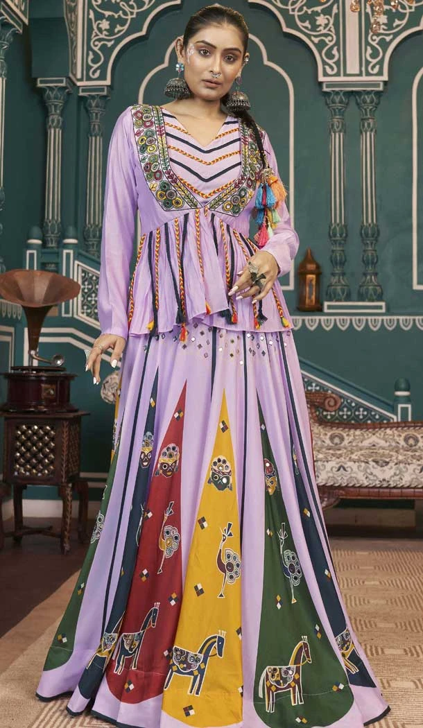 Lavender Maska Silk Embroidery Work Navratri Chaniya Choli - 147321499