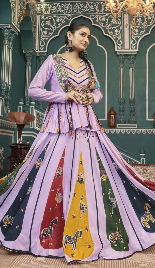 Lavender Maska Silk Embroidery Work Navratri Chaniya Choli - 147321499
