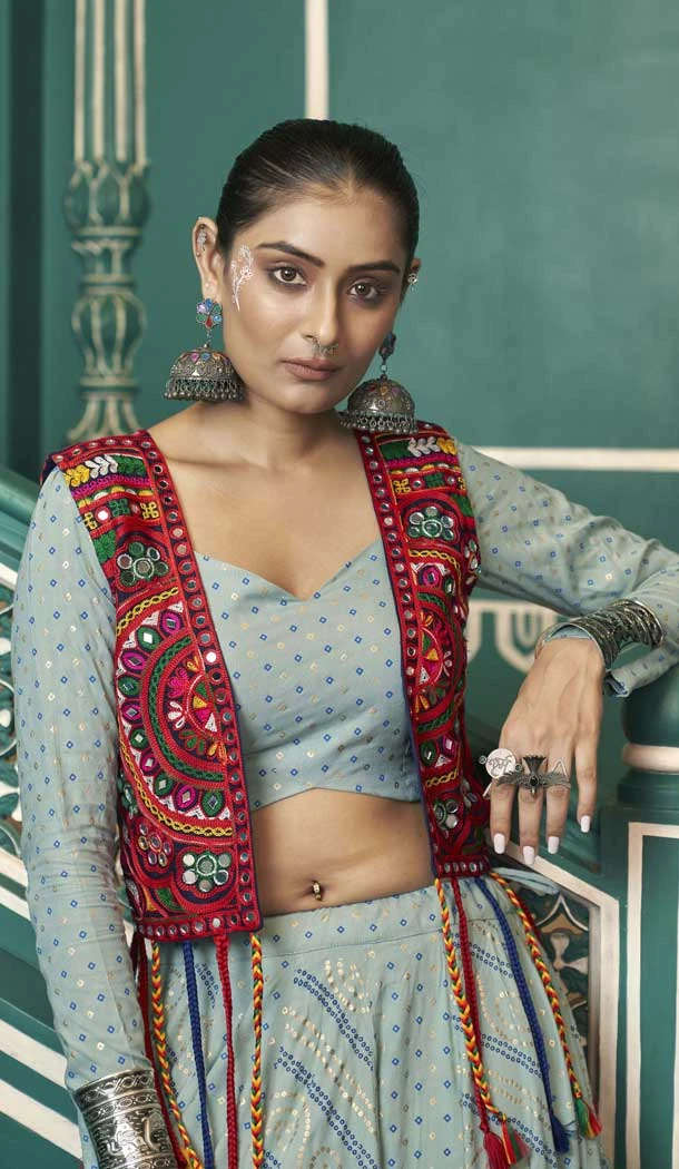 Pista Green Color Viscose Rayon Embroidery Work Navratri Chaniya Choli - 147321501