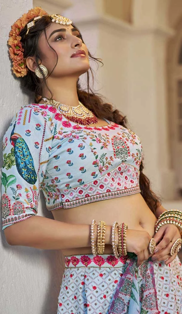 Art Silk Printed Designer Lehenga Choli In Sea Green - 153835863