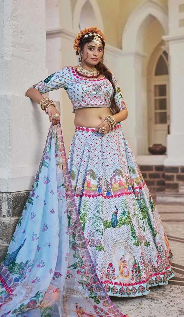 Art Silk Printed Designer Lehenga Choli In Sea Green - 153835863