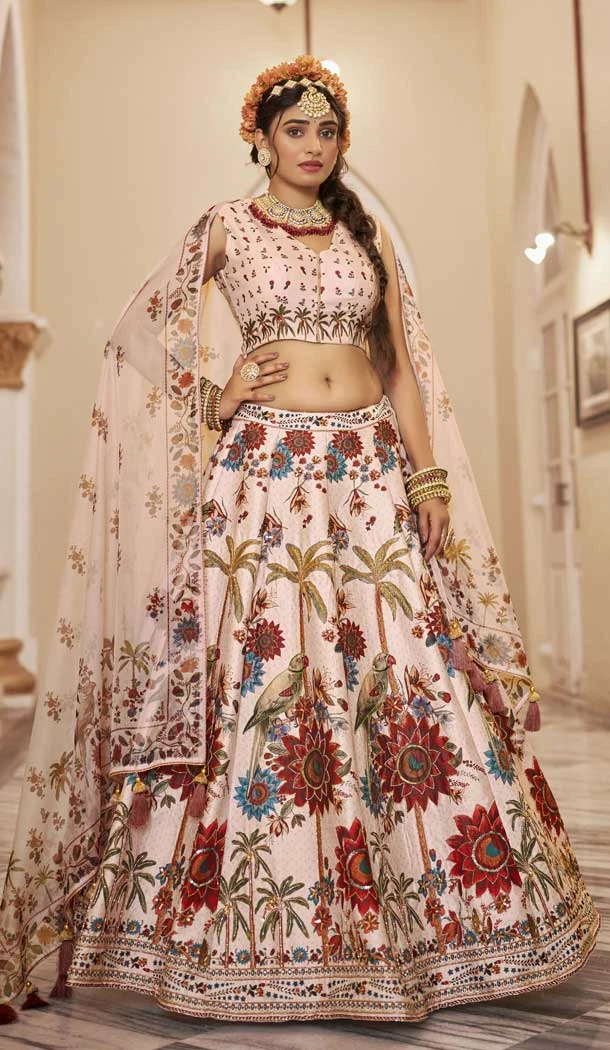 Off White Art Silk Printed Designer Lehenga Choli - 153835865